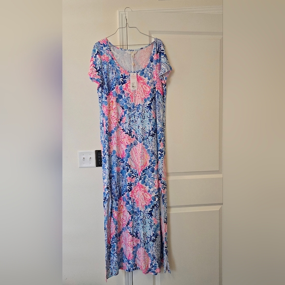 Lilly Pulitzer MAXI DRESS, Shell Print Scoop Neck Top - Pink, Blue & White - Picture 4 of 4